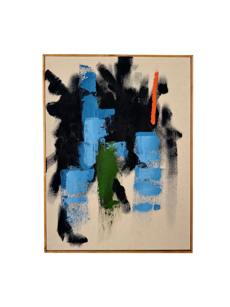 Oak framed abstract art piece with acrylic colours in black, blue, green and orange on cotton canvas.