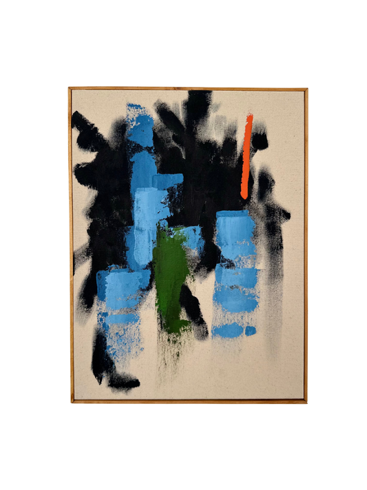 Oak framed abstract art piece with acrylic colours in black, blue, green and orange on cotton canvas.