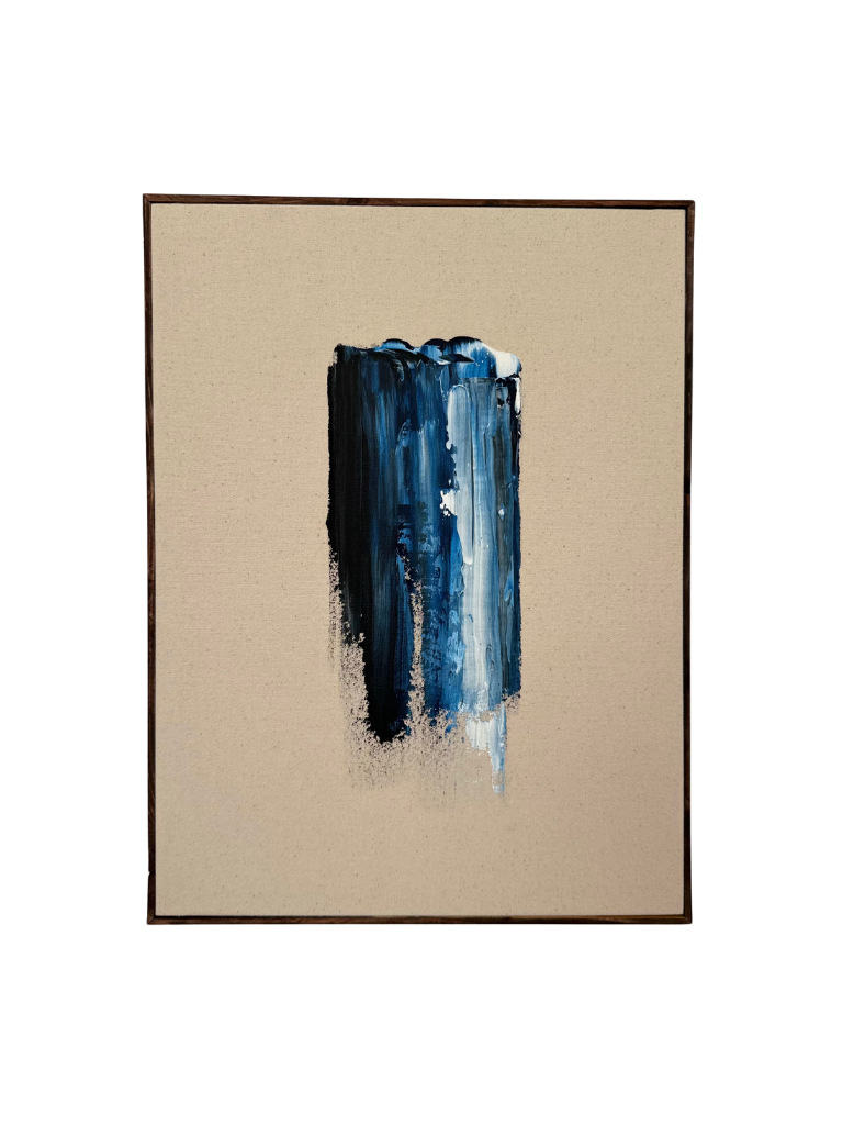 Dark oak framed abstract art piece with acrylic colours in black, blue, and white on cotton canvas.