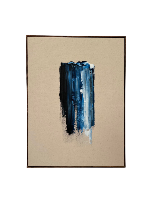 Dark oak framed abstract art piece with acrylic colours in black, blue, and white on cotton canvas.