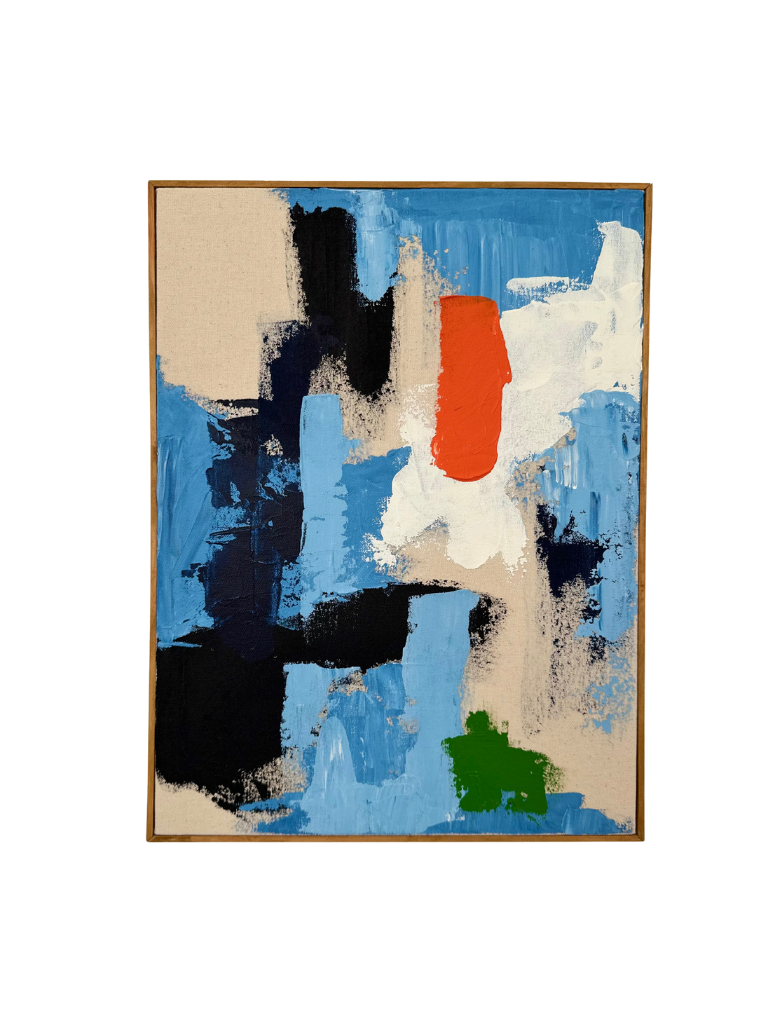 Oak framed abstract art piece with acrylic colours in black, blue, green, white and orange on cotton canvas.