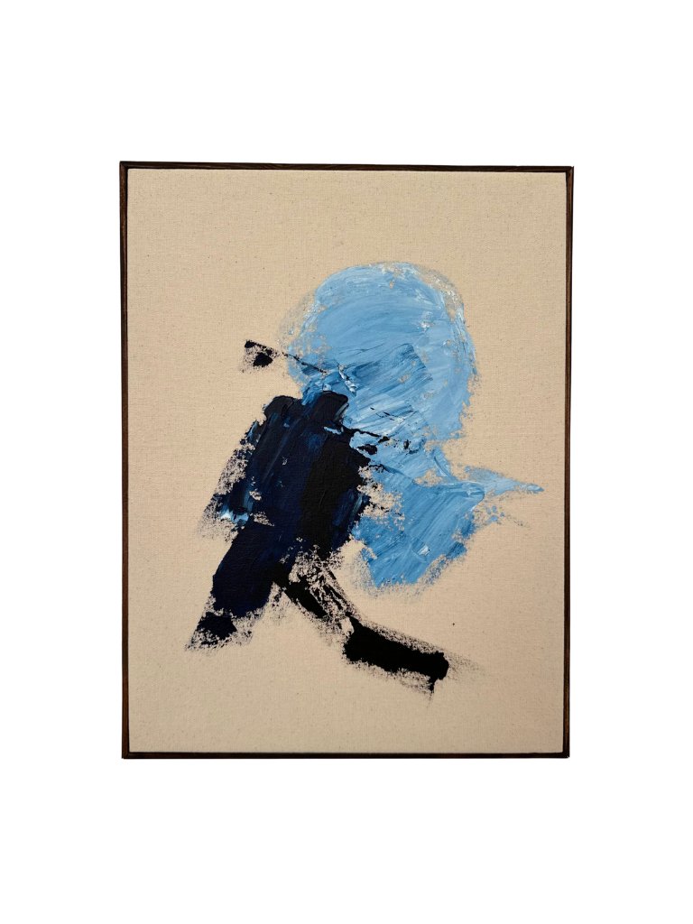 Dark oak framed abstract art piece with acrylic colours in black, blue, and navy on cotton canvas.