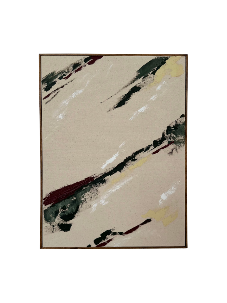 Dark oak framed abstract art piece with green, white, beige and red acrylic colours and soft pastel marks on cotton canvas.
