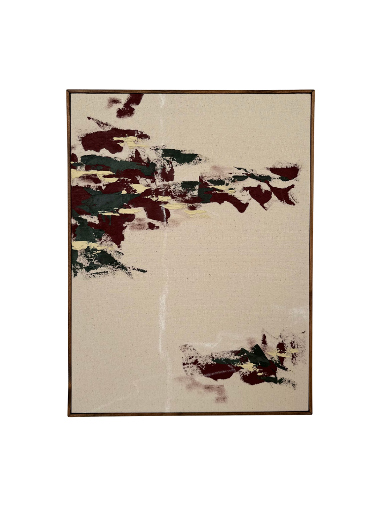 Dark oak framed abstract art piece with green, white, beige and red acrylic colours and soft pastel marks on cotton canvas.