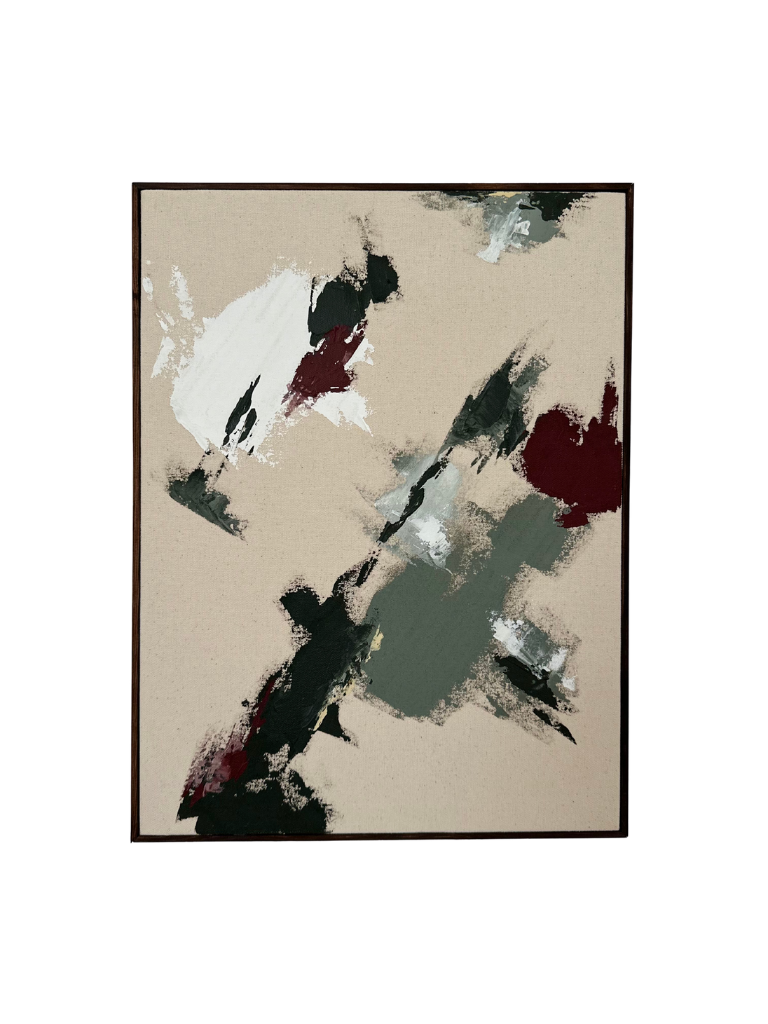 Dark oak framed abstract art piece with green, white, beige and red acrylic colours and soft pastel marks on cotton canvas.