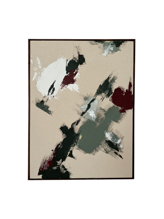 Dark oak framed abstract art piece with green, white, beige and red acrylic colours and soft pastel marks on cotton canvas.