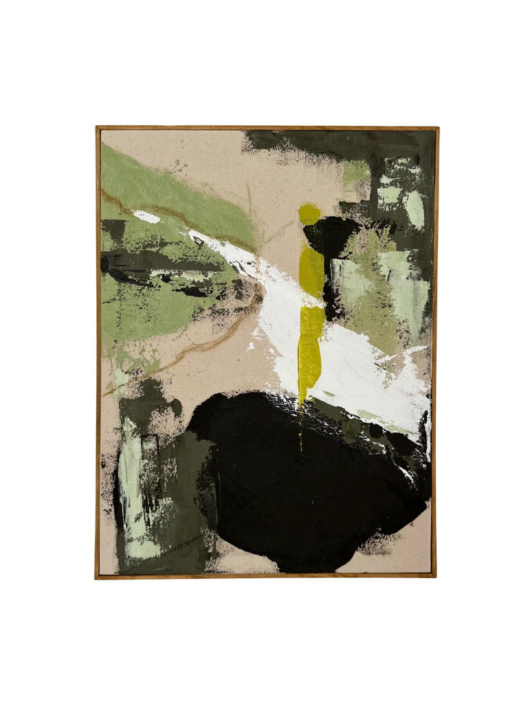 Oak framed abstract art piece with green, white, and dark acrylic colours and soft pastel marks on cotton canvas.