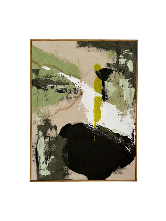 Oak framed abstract art piece with green, white, and dark acrylic colours and soft pastel marks on cotton canvas.