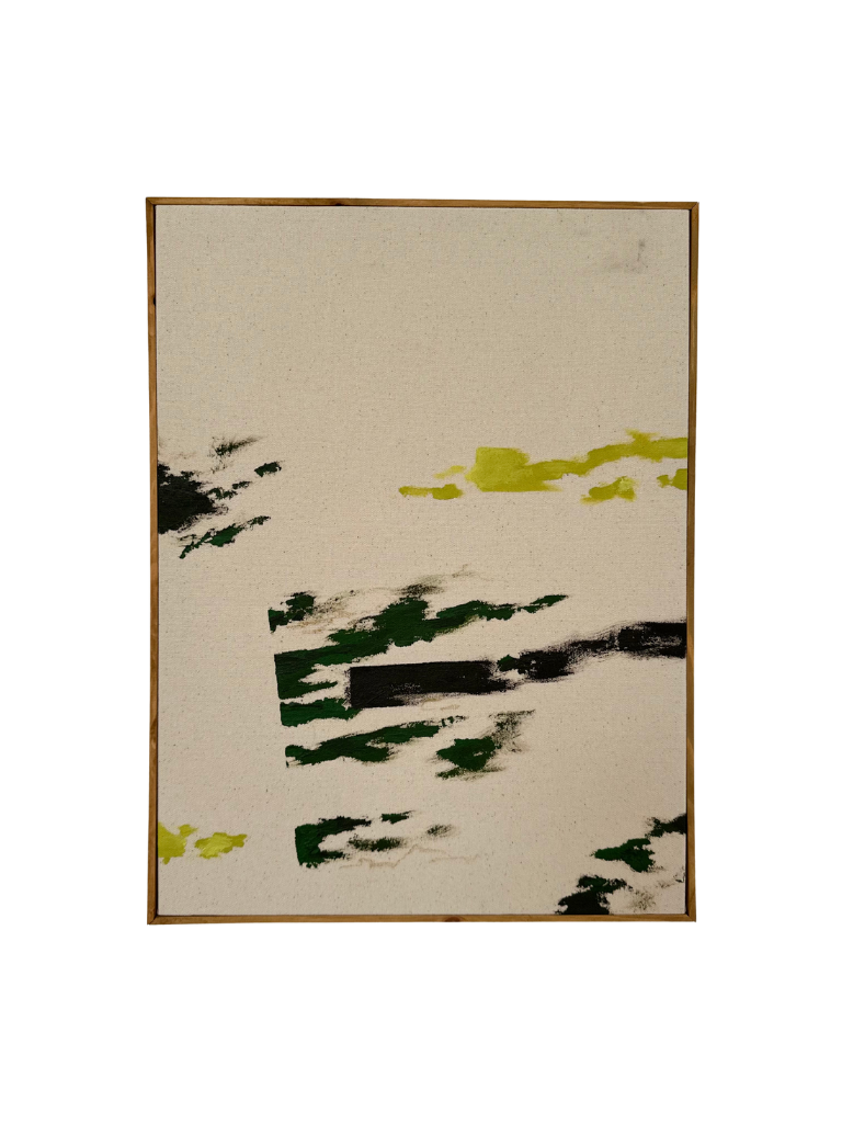 Oak framed abstract art piece with green, and dark acrylic colours and soft pastel marks on cotton canvas.