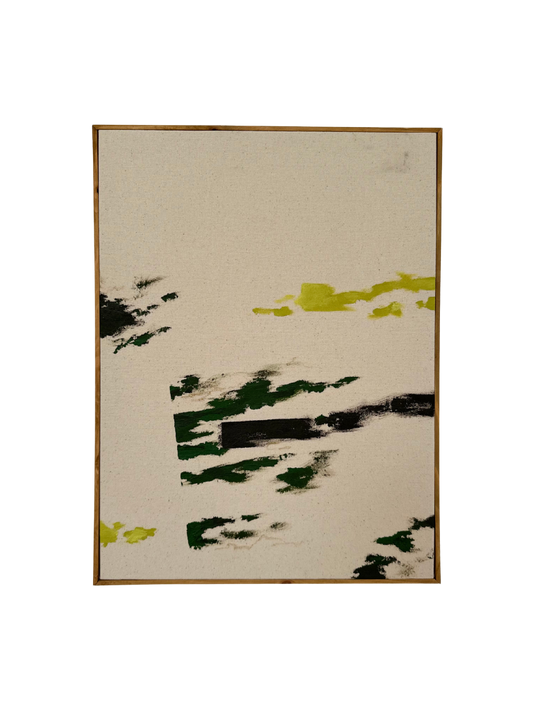Oak framed abstract art piece with green, and dark acrylic colours and soft pastel marks on cotton canvas.