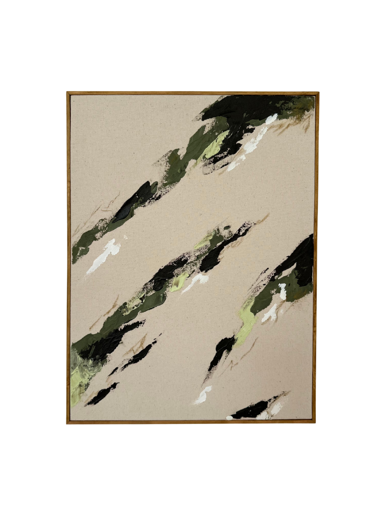 Oak framed abstract art piece with green, white, and khaki acrylic colours and soft pastel marks on cotton canvas.