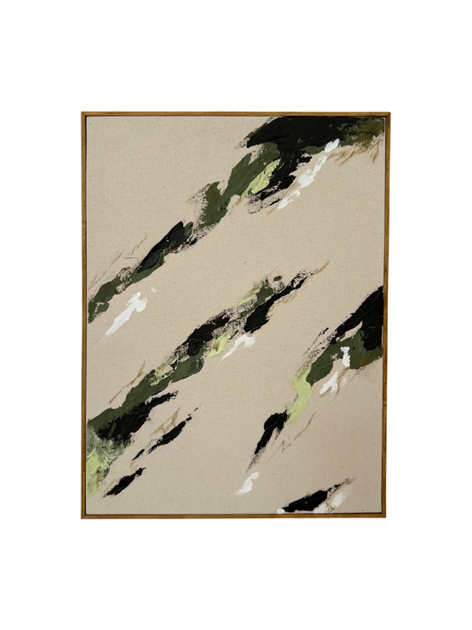 Oak framed abstract art piece with green, white, and khaki acrylic colours and soft pastel marks on cotton canvas.