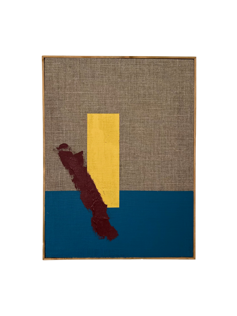 Oak framed abstract art piece with blue, yellow, and red acrylic colours on linen canvas.