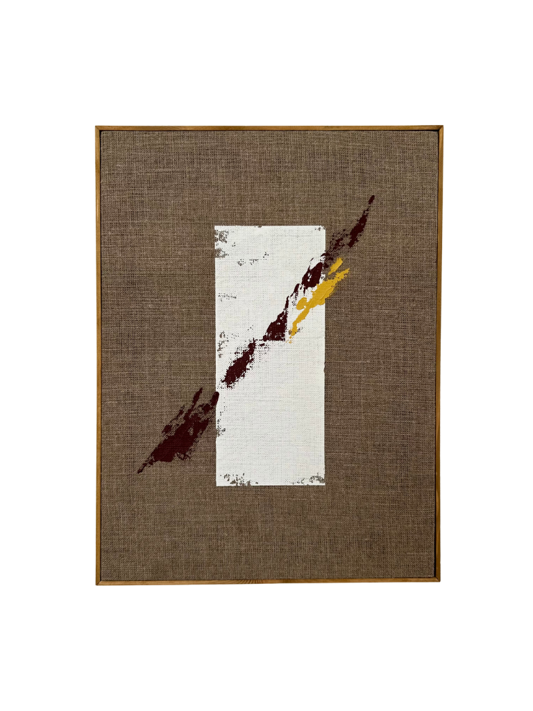 Oak framed abstract art piece with white, yellow, and red acrylic colours on linen canvas.