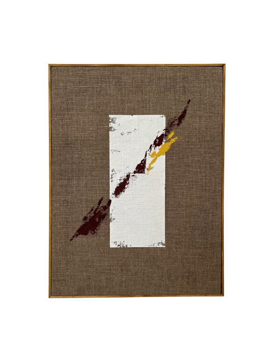 Oak framed abstract art piece with white, yellow, and red acrylic colours on linen canvas.