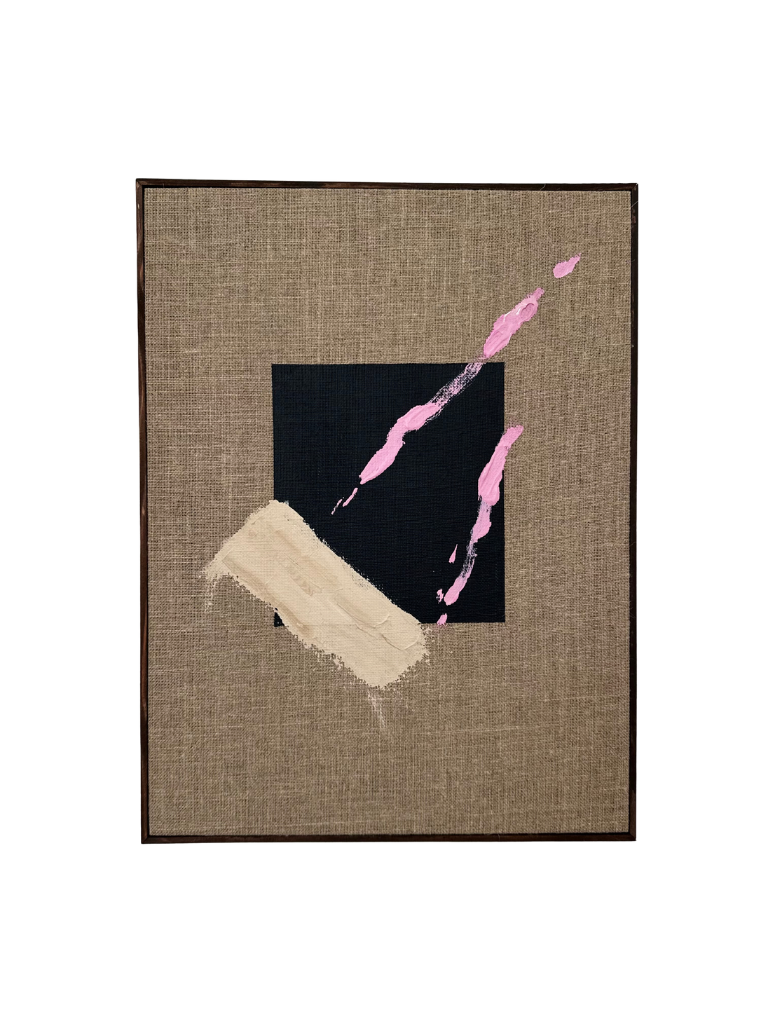 Dark oak framed abstract art piece with navy, pink, and beige acrylic colours on linen canvas.