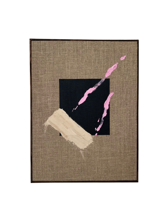 Dark oak framed abstract art piece with navy, pink, and beige acrylic colours on linen canvas.
