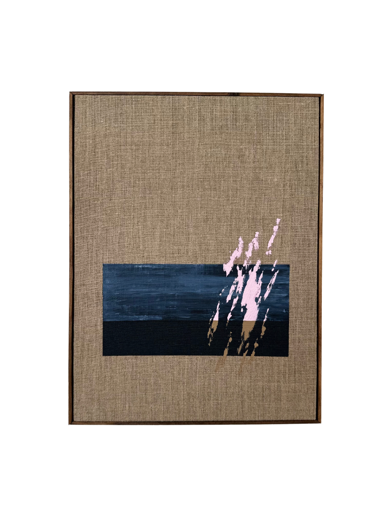 Dark oak framed abstract art piece with navy, pink, and beige acrylic colours on linen canvas.