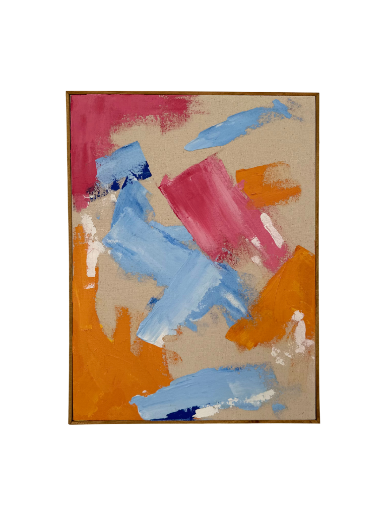 Oak framed abstract art piece with colourful acrylic colours in pink, blue and orange on cotton canvas.
