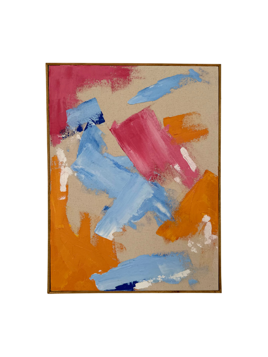 Oak framed abstract art piece with colourful acrylic colours in pink, blue and orange on cotton canvas.