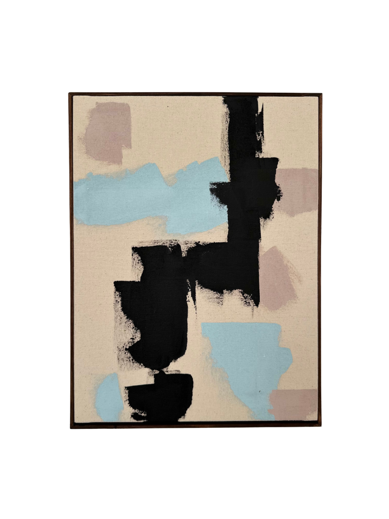 Dark oak framed abstract art piece with acrylic colours in light blue, beige and black on cotton canvas.