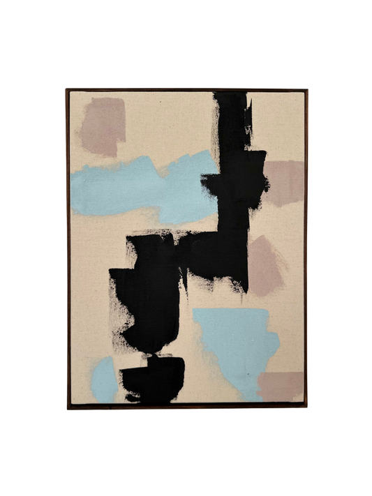 Dark oak framed abstract art piece with acrylic colours in light blue, beige and black on cotton canvas.