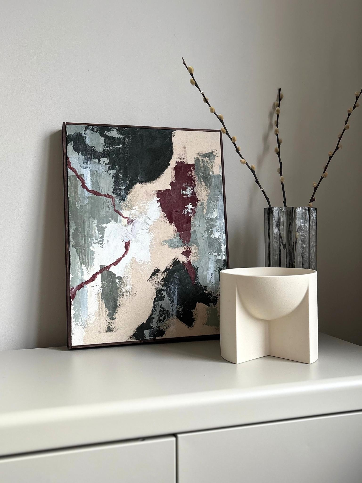 Contemporary abstract canvas artwork finished using the Plan Forest Red kit, featuring dynamic layered strokes in forest red, dark greens, beige and white on cotton canvas, set within a handcrafted wooden edge frame.