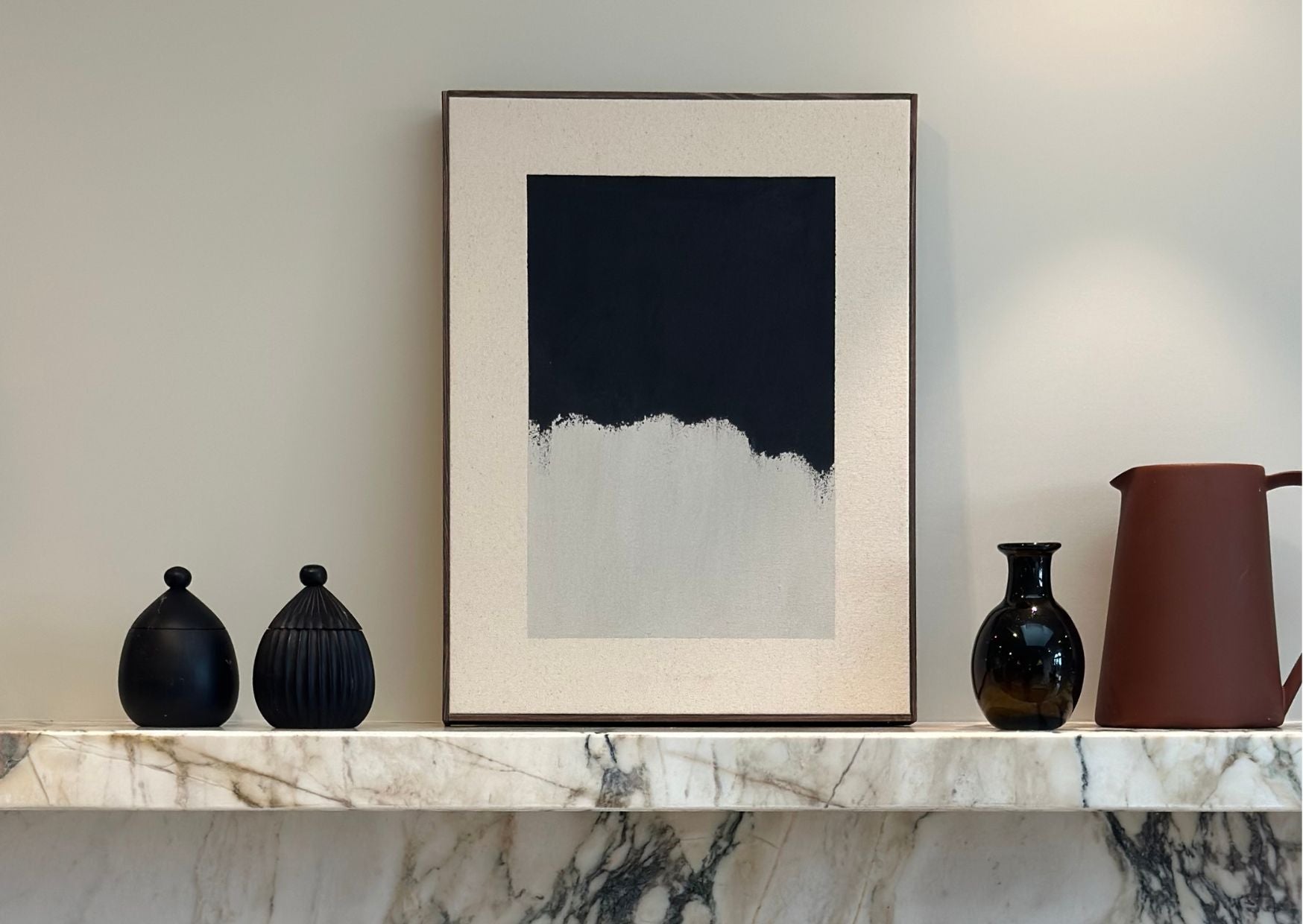 Original abstract artwork by Plan Art Kits, framed in handcrafted dark oak frame, styled in a modern UK home interior. Minimal, gallery-style wall art available as a finished piece without the DIY process.