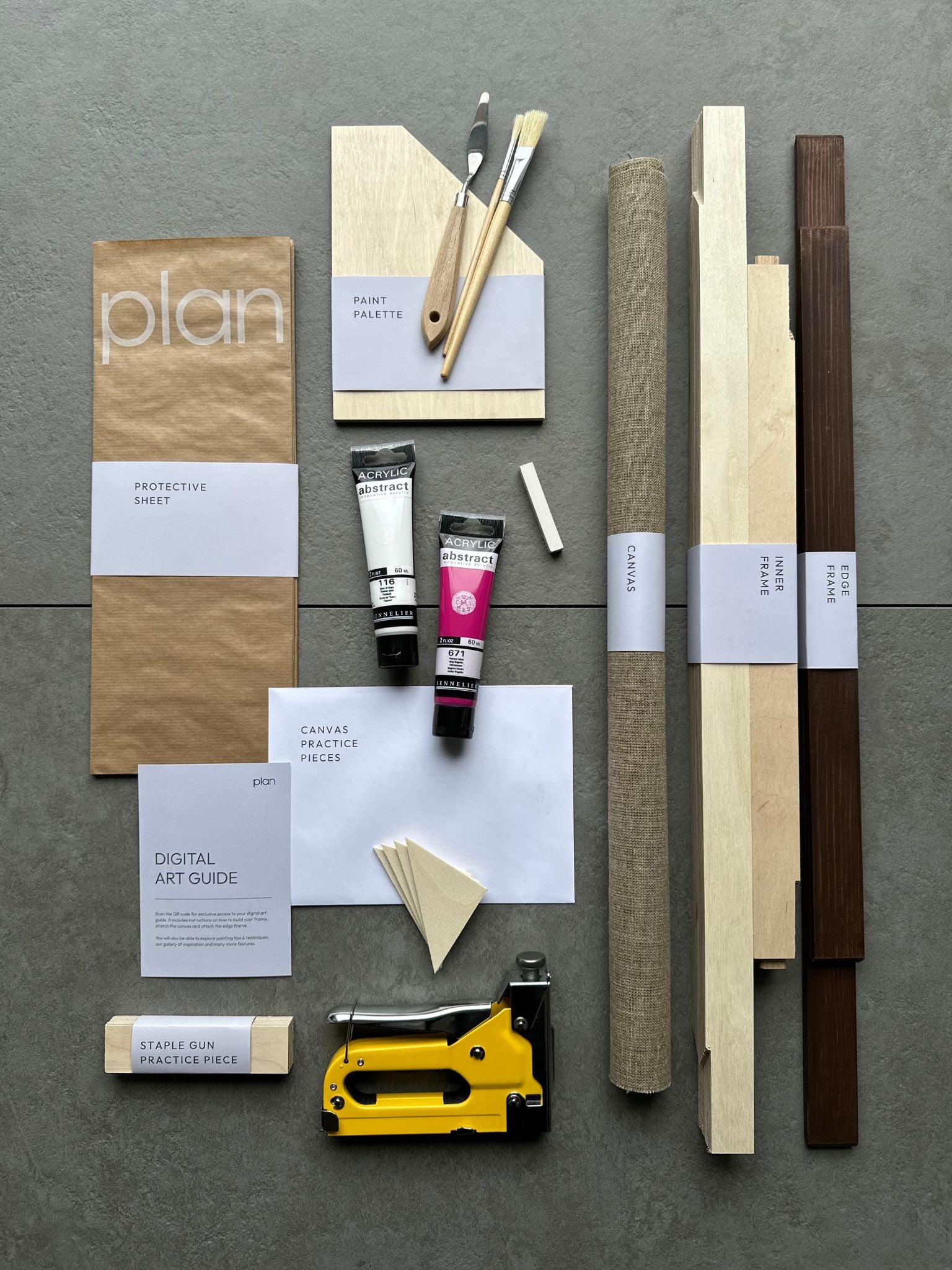 Plan No5 Art Kit, December Palette in frame size 50x70cm — view the full contents designed to help you build a framed canvas and create striking artwork in magenta and white.