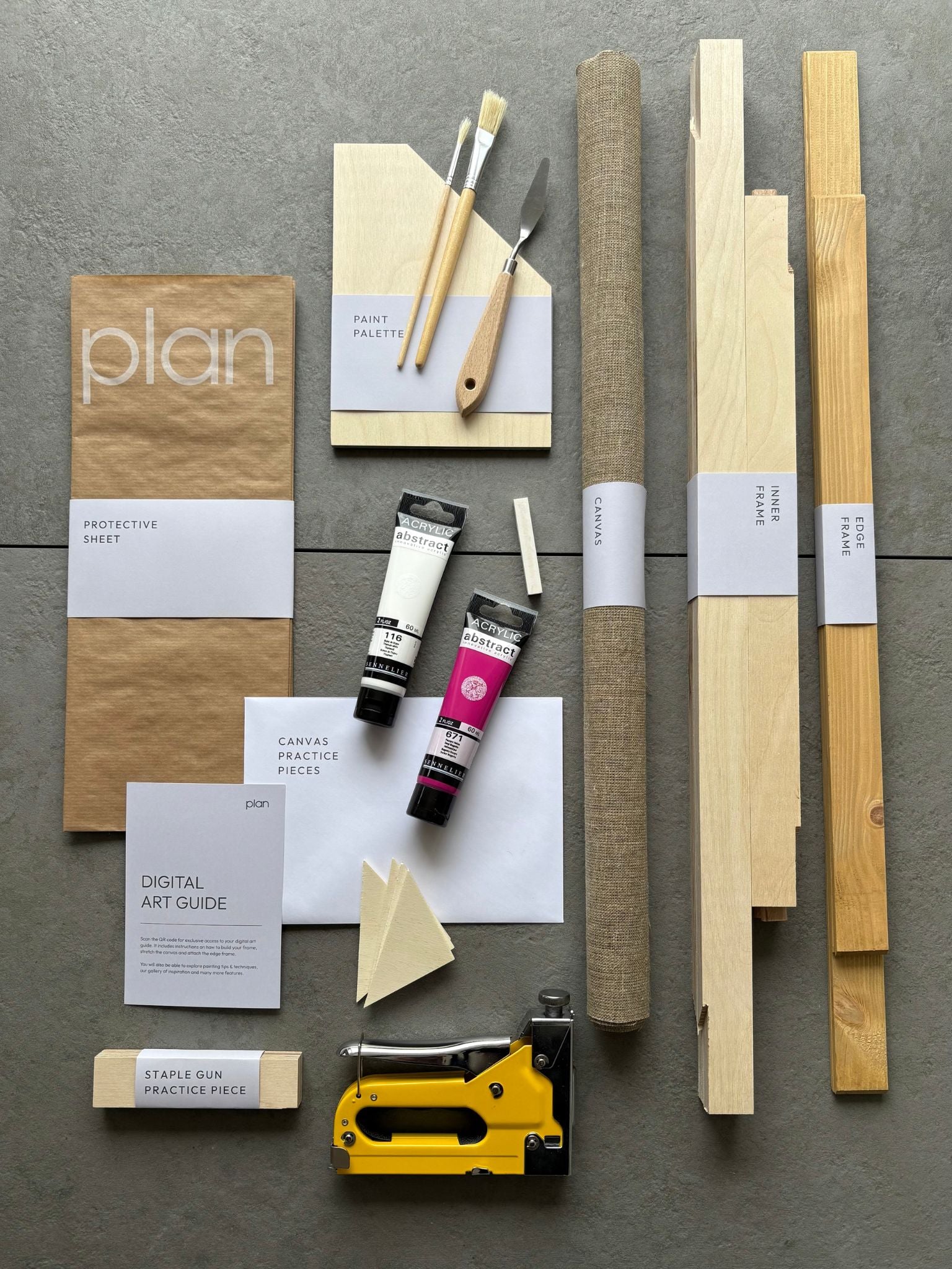 Plan No5 Art Kit, December colour palette in size 50x70cm with oak edge frame — see the contents included to create a bold, expressive artwork with rich magenta, white, and a white soft pastel accent.