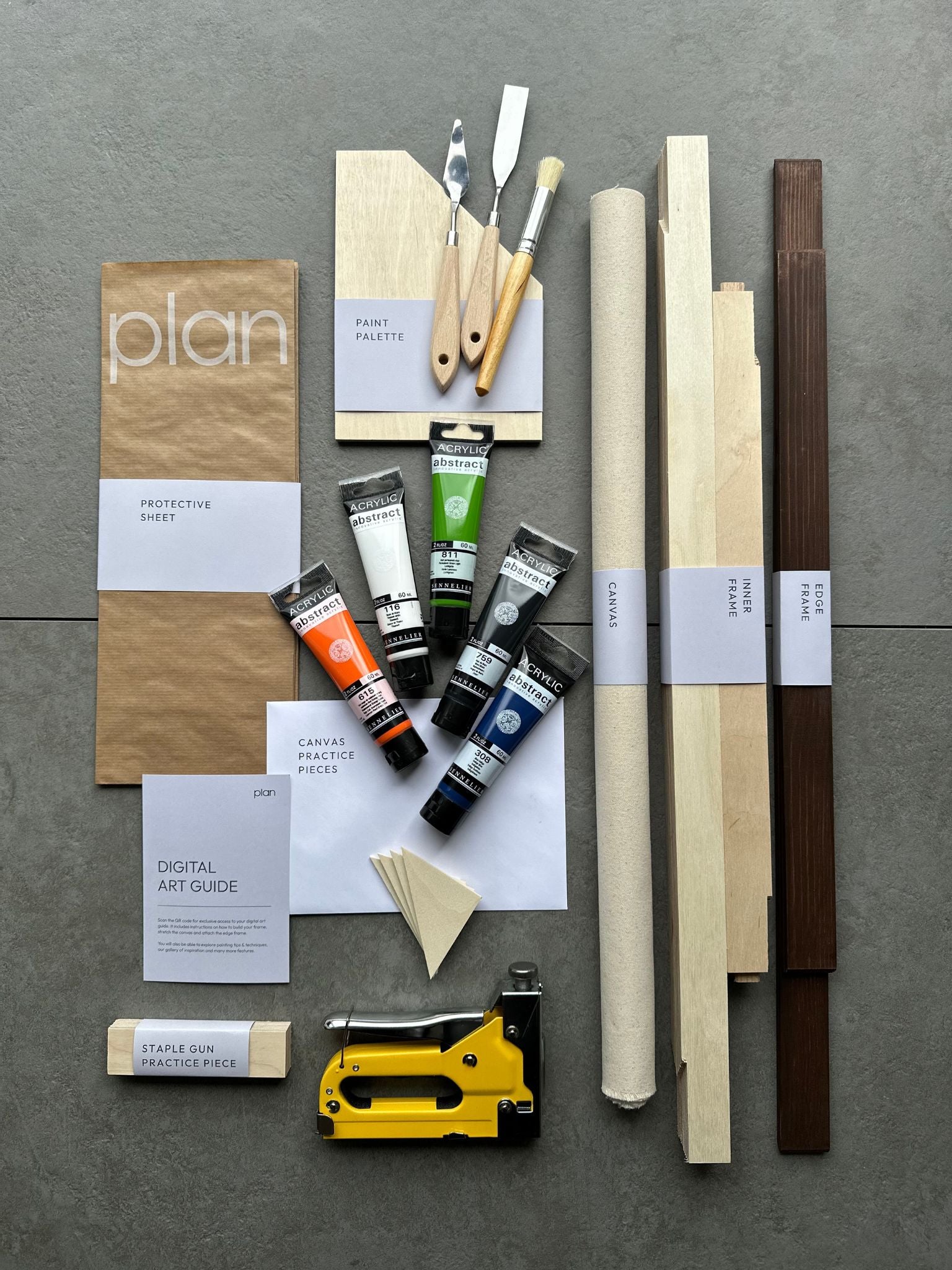 Plan Drift Art Kit in size 50x70cm with a dark oak frame — see the full contents designed to help you stretch, frame, and paint expressive abstract art with depth and balance.