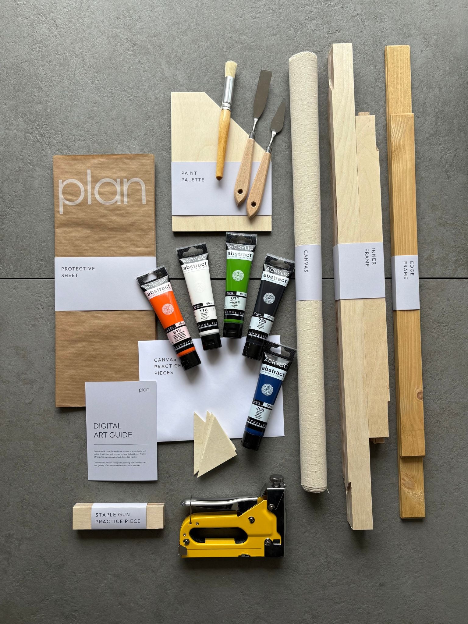 Plan Drift Art Kit in frame size 50x70cm with oak frame — from handcrafted frame, to cotton canvas and art supplies, the kit includes everything you need to build a framed canvas and create layered, calming, abstract artwork at home.