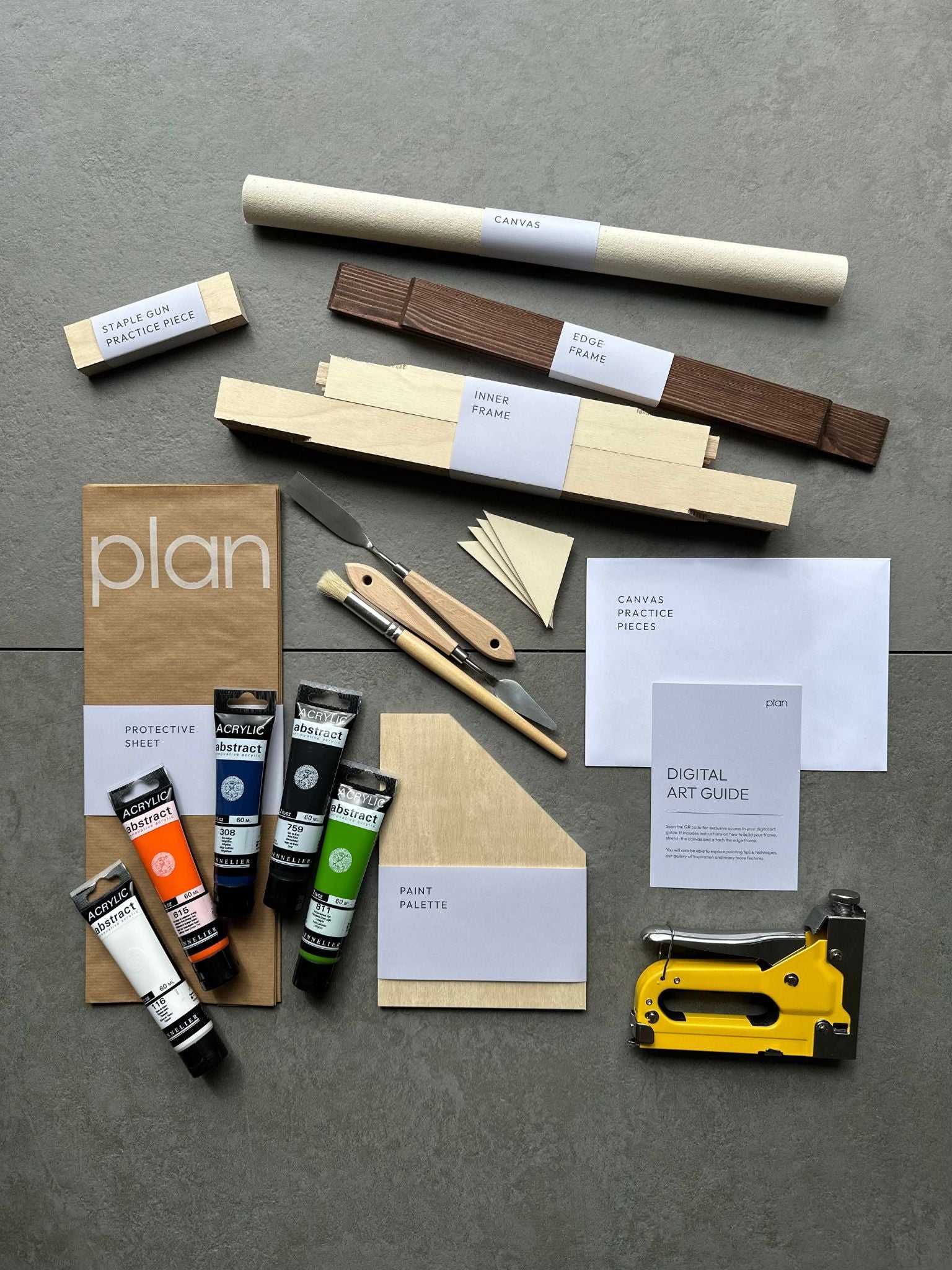 Plan Drift Art Kit in dark oak frame size 30x40cm — explore the contents included to build a framed canvas and create layered, calming artwork inspired by coastal tones.