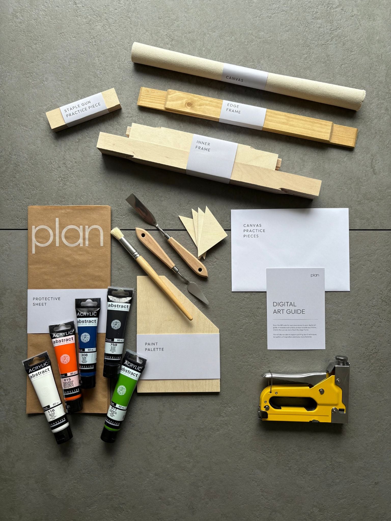 Plan Drift Art Kit in frame size 30x40cm with oak frame — explore the contents included, everything you need to build a framed canvas and create layered, calming, abstract artwork at home.
