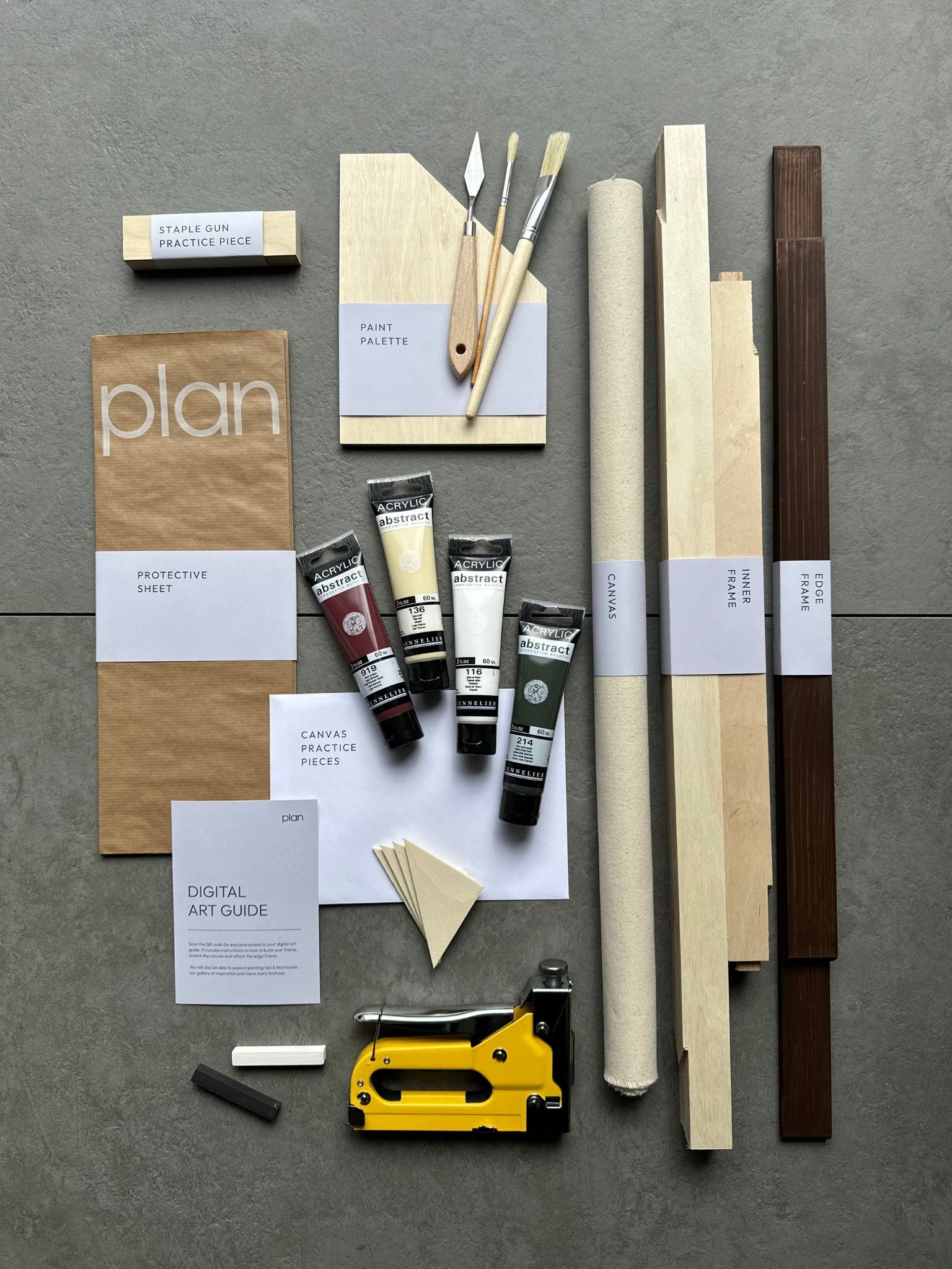 Plan Linear Art Kit, Birch Palette in medium frame size 50x70cm with dark oak frame — discover the full contents for stretching, framing, and painting your own abstract artwork at home.