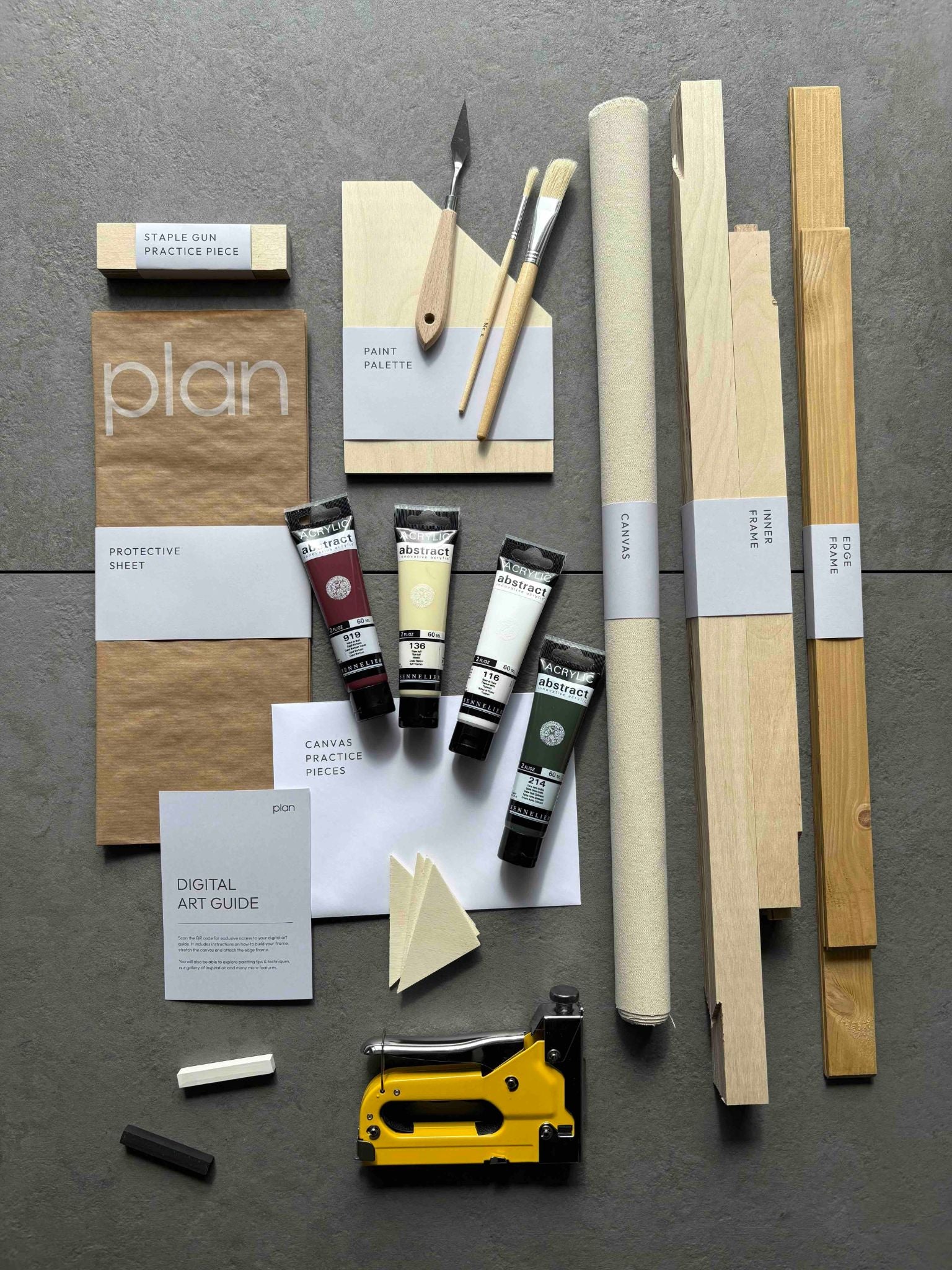 Kit contents in Plan Linear Art Kit, Birch colour palette in medium frame size 50x70cm with oak frame — handcrafted frame, cotton canvas and all art supplies you need to create your own abstract artwork at home.