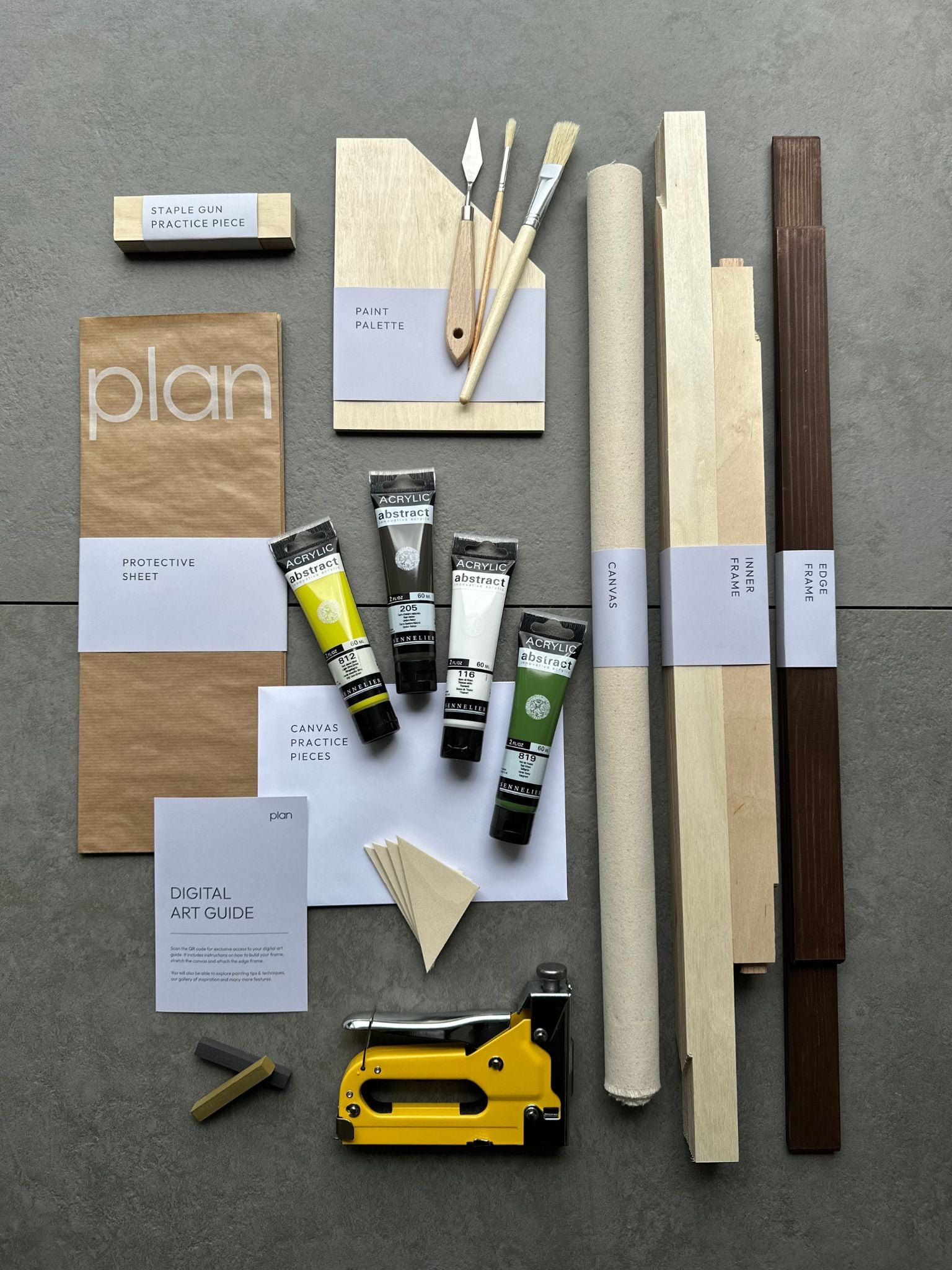 Plan Linear Art Kit, Olive Palette in medium frame size 50x70cm — view the included contents and materials designed to help you create gallery-worthy artwork at home.