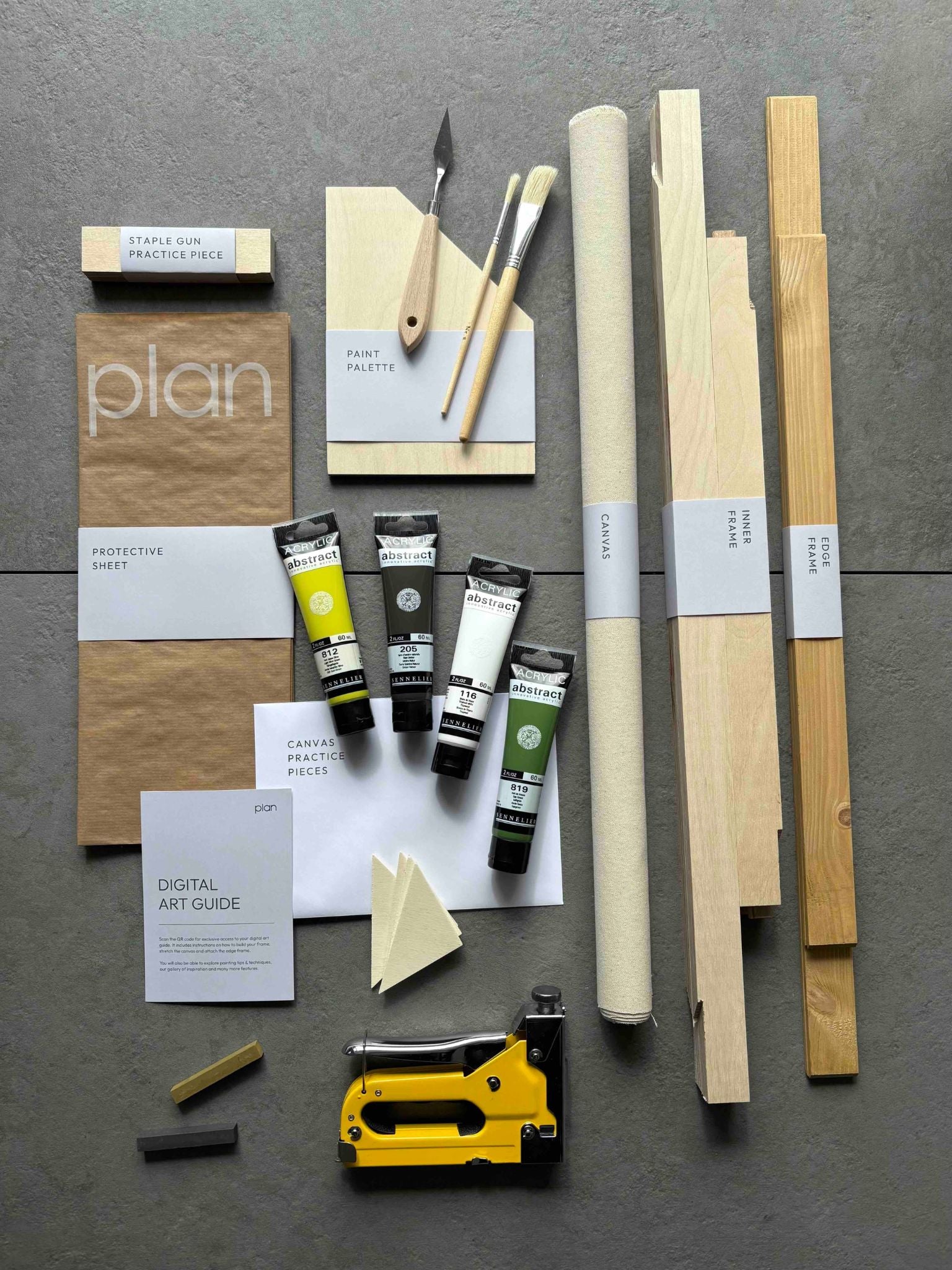 Kit contents and art supplies in Plan Linear Art Kit, Olive Palette in medium frame size 50x70cm with oak frame — see the full contents for stretching, framing, and painting your own abstract artwork at home.