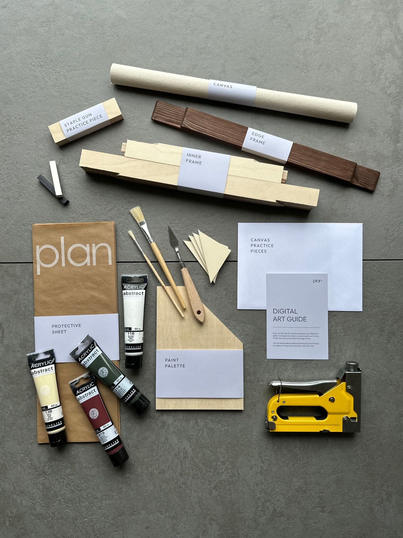 See the contents of the Plan Linear Art Kit in Birch Palette, small 30x40cm size — handcrafted frame, premium art tools, canvas, and acrylic colours to create your own abstract artwork at home.