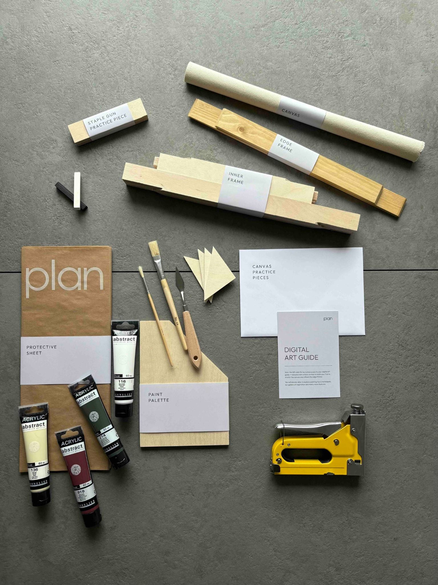Art supplies and kit contents of the Plan Linear Art Kit in Birch Palette, small 30x40cm size with edge frame in oak — handcrafted frame, premium art tools, canvas, and acrylic colours to create your own abstract artwork at home.