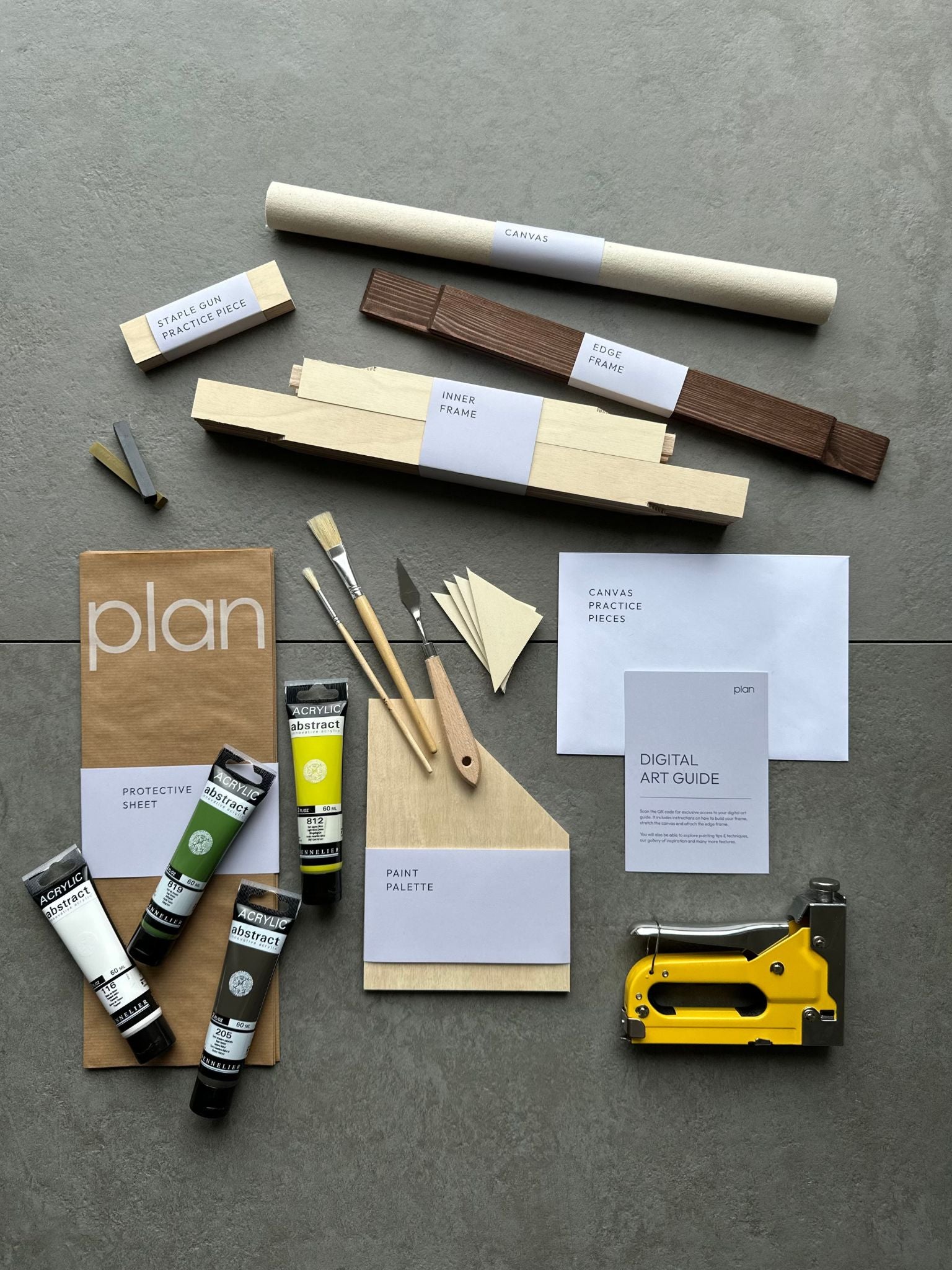 Explore the Plan Linear Art Kit contents in Olive Palette, small 30x40cm — everything you need to build a framed canvas and create original abstract art at home.