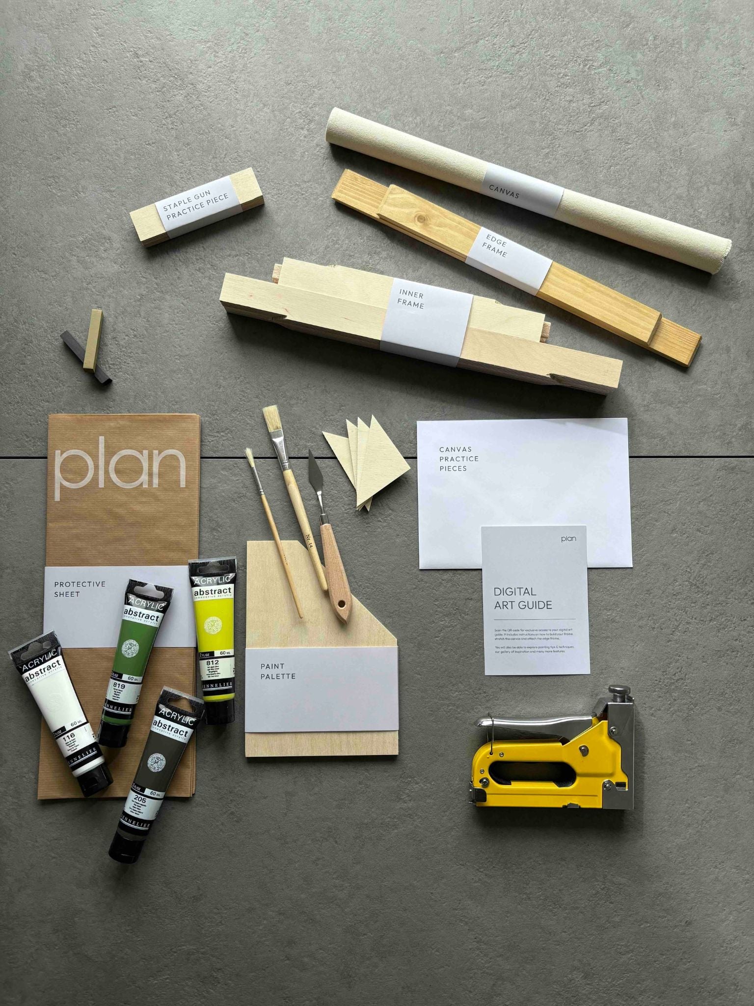Plan Linear Art Kit contents in Olive colour palette, small 30x40cm size with edge frame in oak — premium art supplies, custom and handcrafted frame, cotton canvas, and acrylic colours to create your own abstract artwork at home.