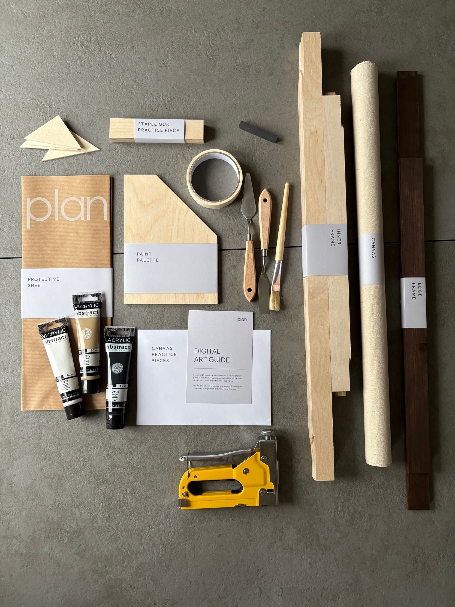 DIY abstract art kit UK – create minimalist black, white and beige wall art with dark oak frame, 50 × 70 cm cotton canvas. Make your own modern art at home.