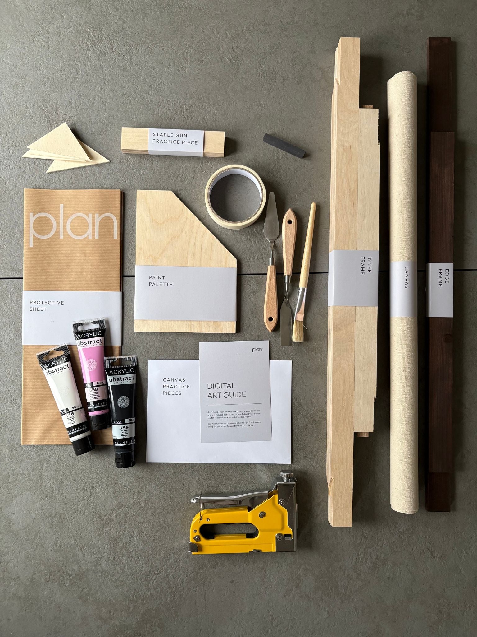 DIY black and white art kit UK – minimalist abstract canvas with pink accent, dark oak frame, 50 × 70 cm cotton canvas. Make your own framed wall art at home.