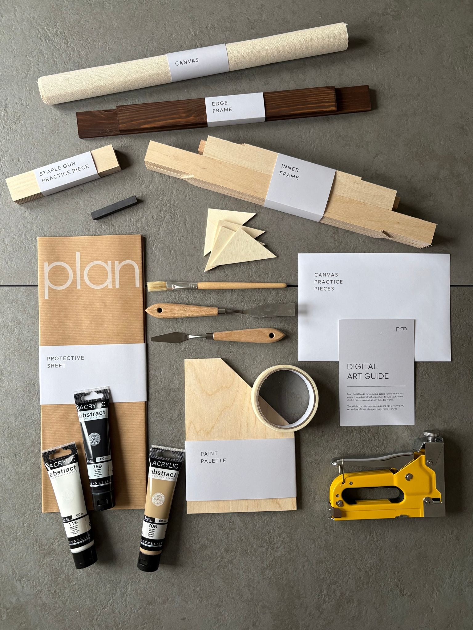 Monochrome 01 DIY abstract art kit in black, white and beige tones – dark oak frame 30 × 40 cm cotton canvas. Contemporary DIY wall art UK.