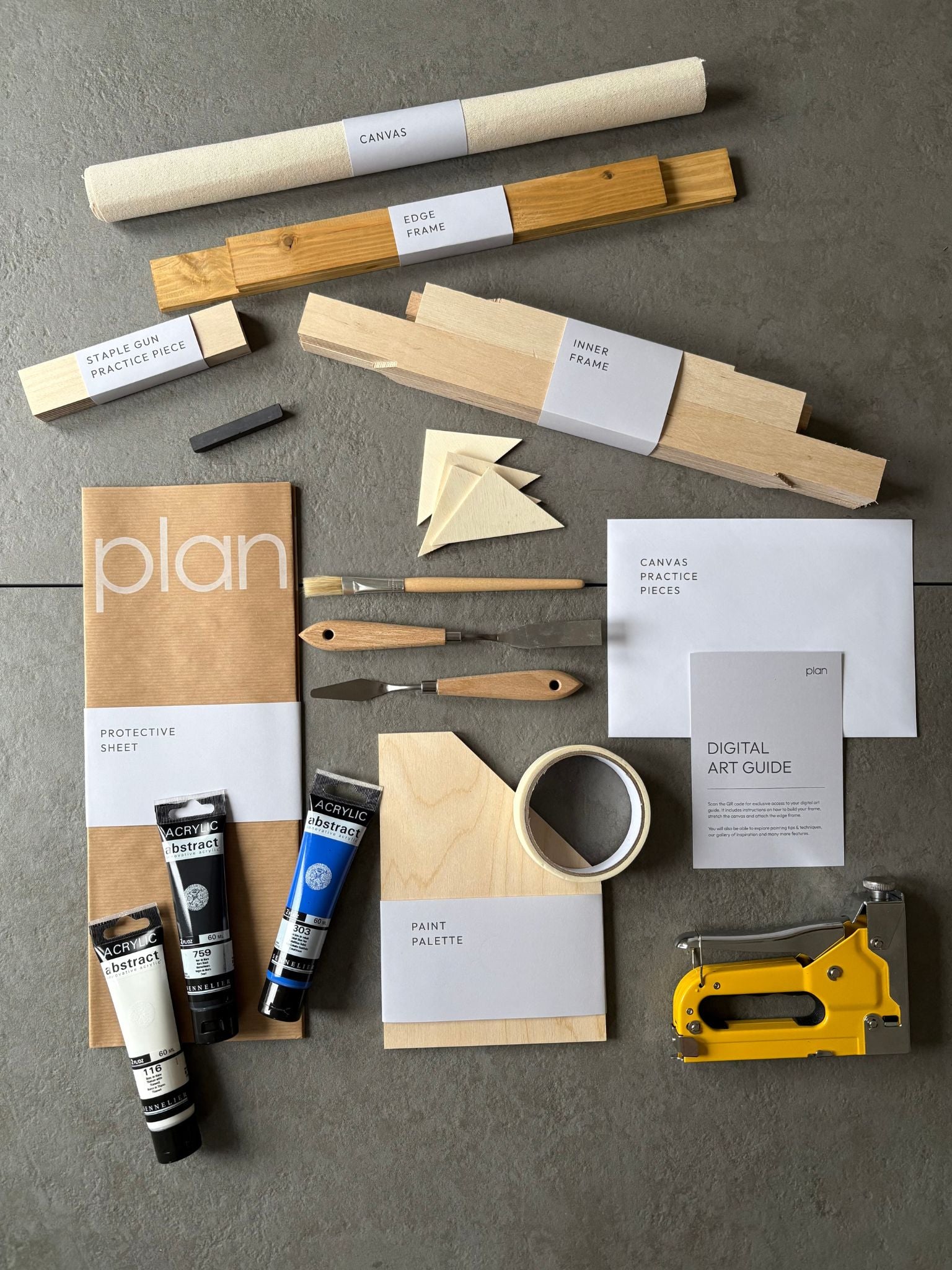 DIY black and white art kit with blue accent and oak frame – Monochrome 01 cotton canvas 30 × 40 cm. Create your own minimalist framed art at home UK.