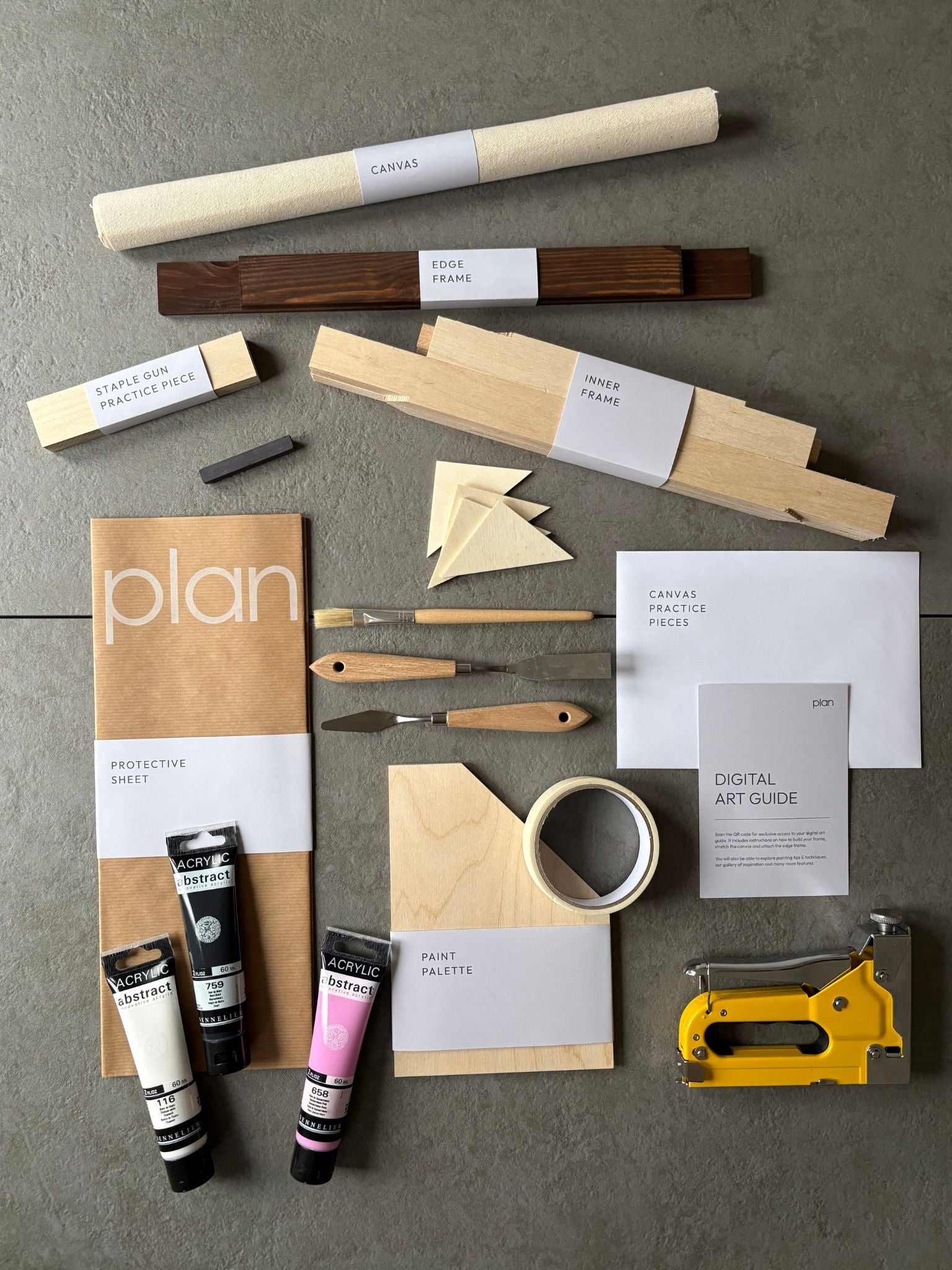 Monochrome 01 DIY art kit with black, white and pink colour palette – dark oak framed cotton canvas 30 × 40 cm. Modern abstract art to make at home UK.