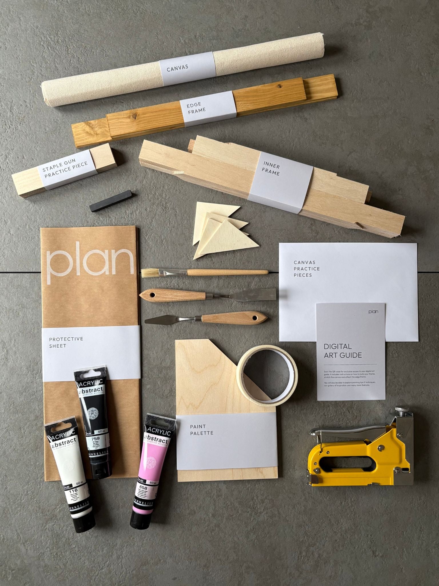 DIY black and white art kit with soft pink accent – oak frame 30 × 40 cm cotton canvas by Plan. Minimal home decor art kit UK.