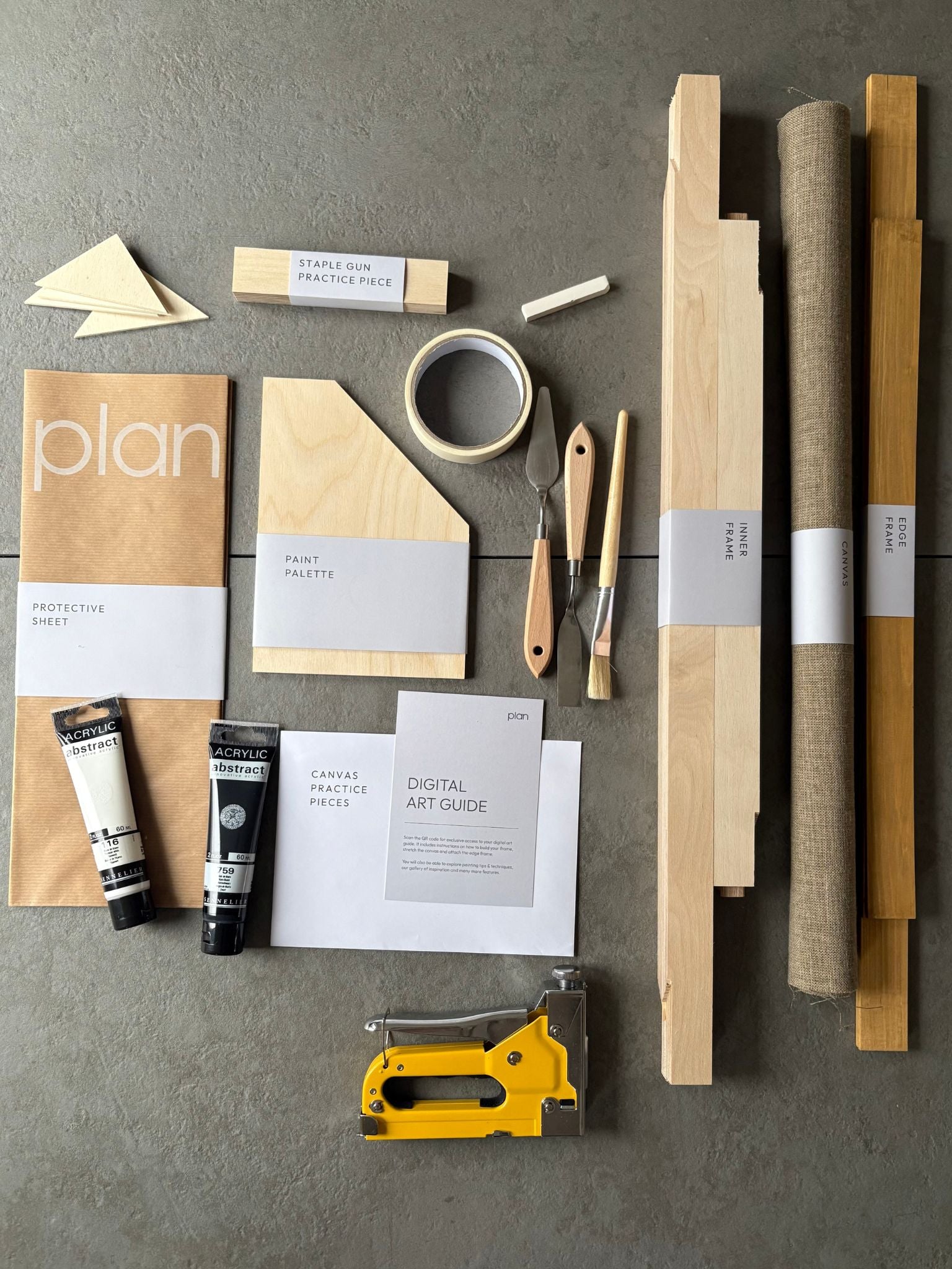 Large DIY art kit UK – black and white minimalist canvas with oak frame, 50 × 70 cm linen. Create your own abstract wall art with Plan’s Monochrome 02 kit.