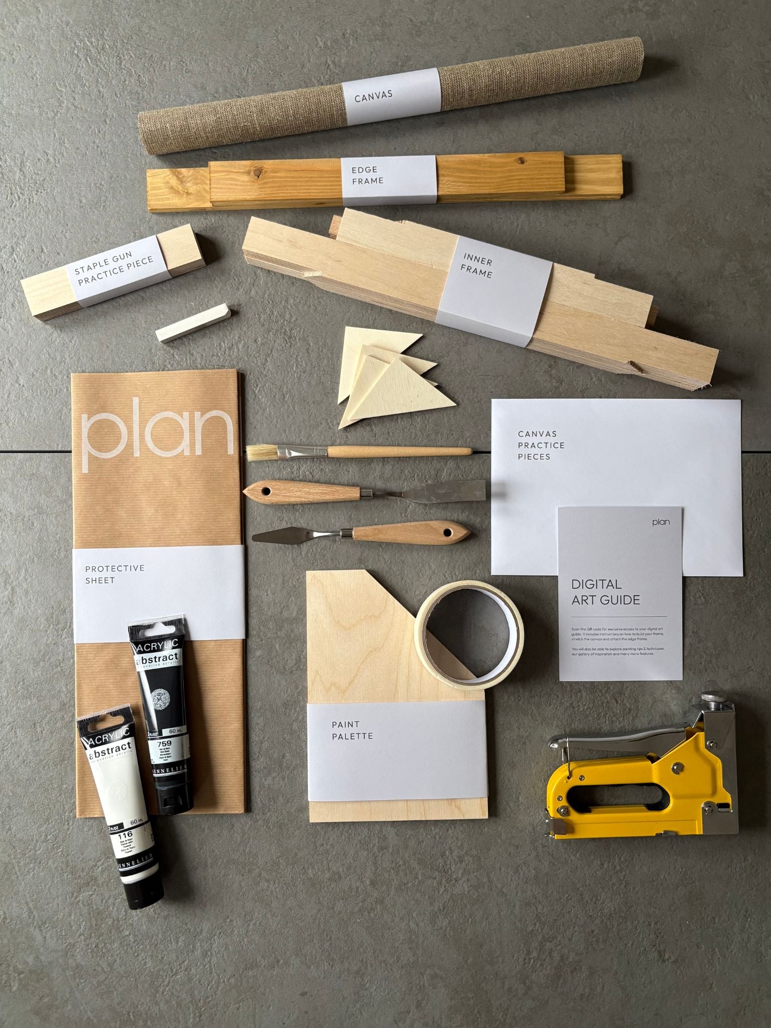 DIY minimalist art kit UK – create black and white abstract wall art on linen canvas with oak frame. Monochrome 02 by Plan, modern home decor and creative gift idea.